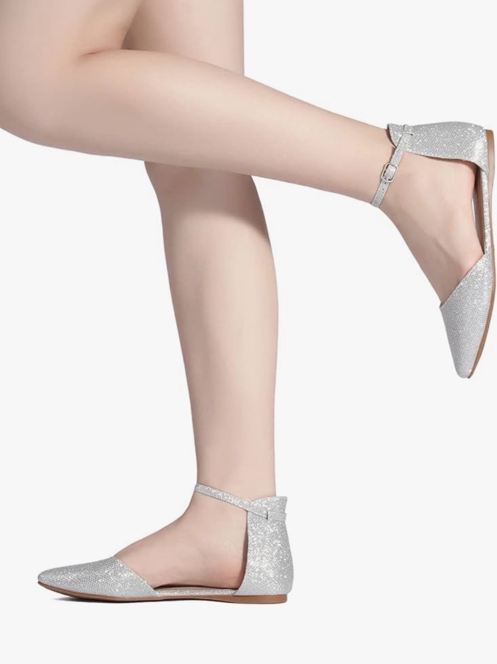 Dream Pairs Silver Glitter Pointed Toe Ankle Strap Flats